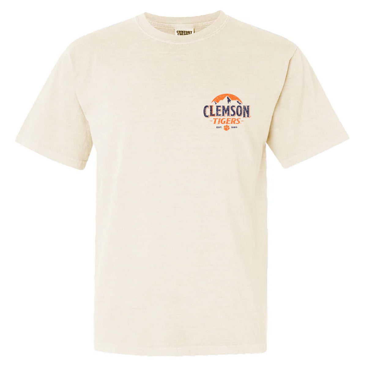 Front of ivory Clemson t-shirt with small mountain and "Clemson Tigers" logo on left chest