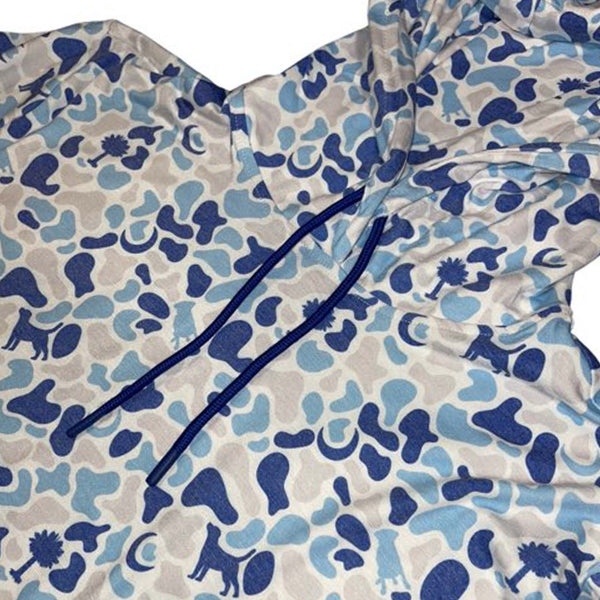 Close-up of blue and beige camo hoodie t-shirt featuring drawstrings and South Carolina-inspired camo print.