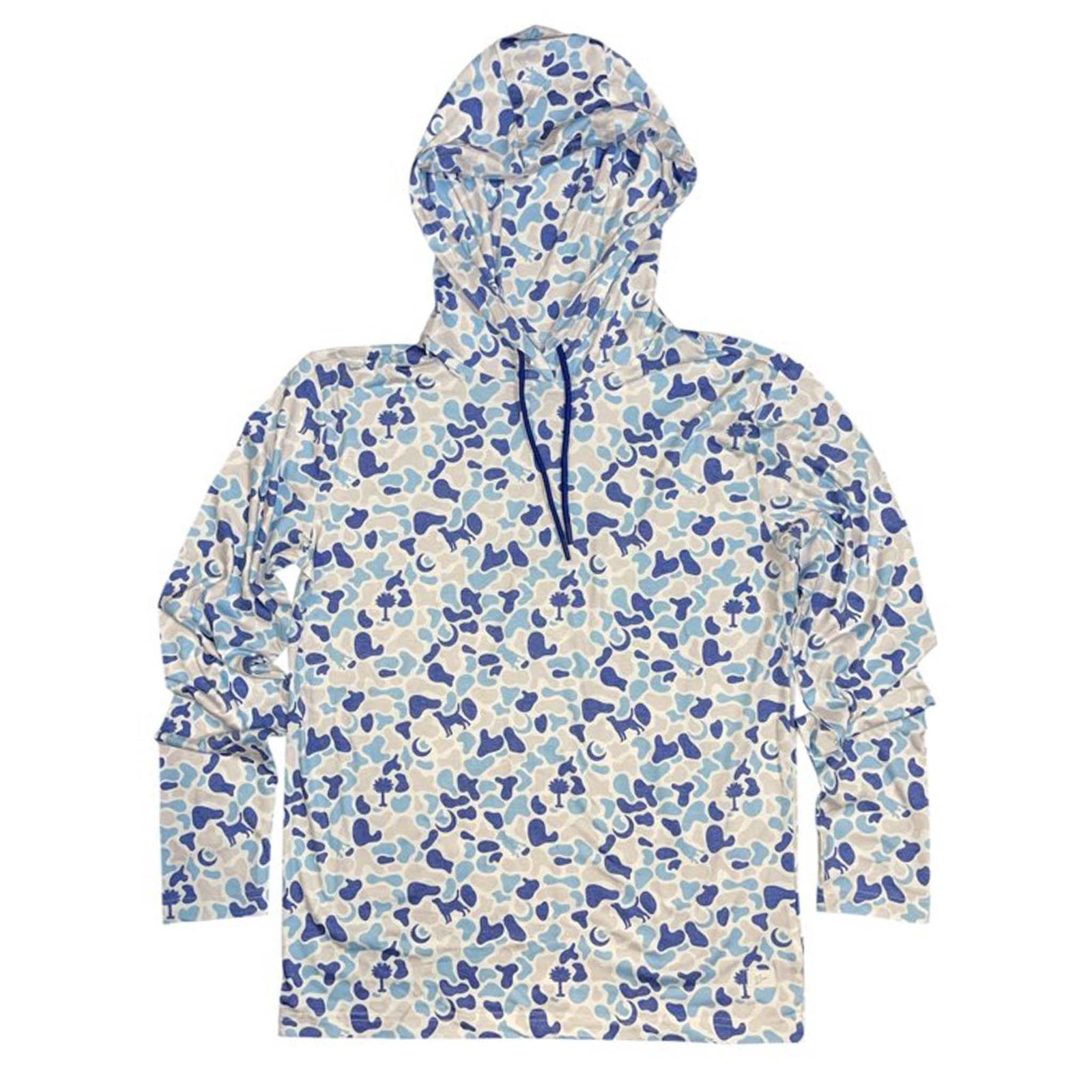 Blue and beige camo hoodie t-shirt by Combat Waterfowl laid flat with long sleeves and dark blue drawstrings.