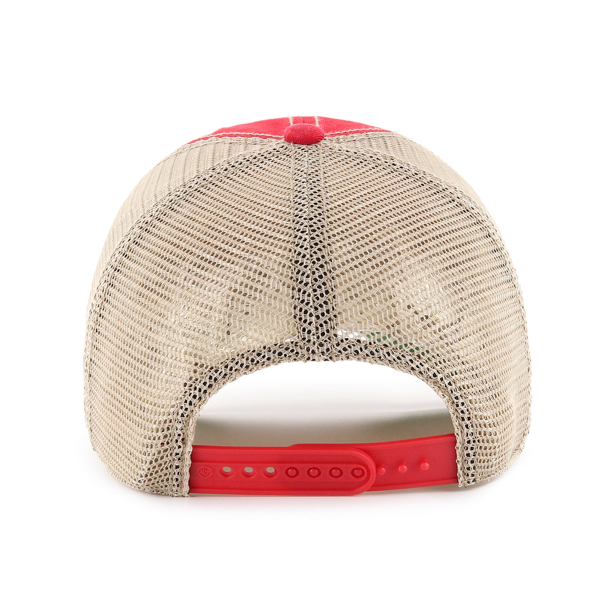 Georgia Bulldogs red trucker hat with beige mesh back panels and adjustable red snapback closure.