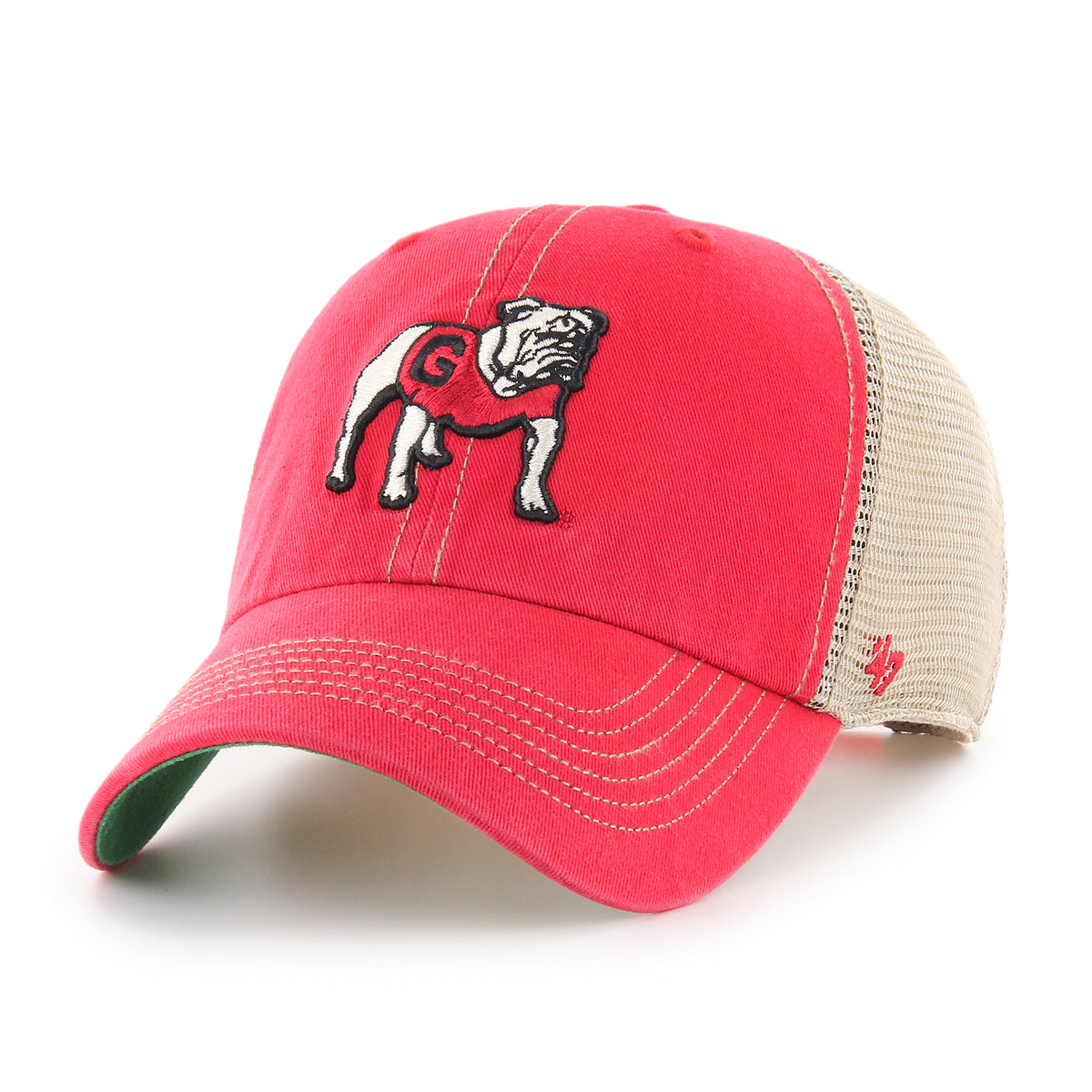 Georgia Bulldogs red trucker hat with embroidered standing bulldog logo on front, beige mesh back, and curved bill.