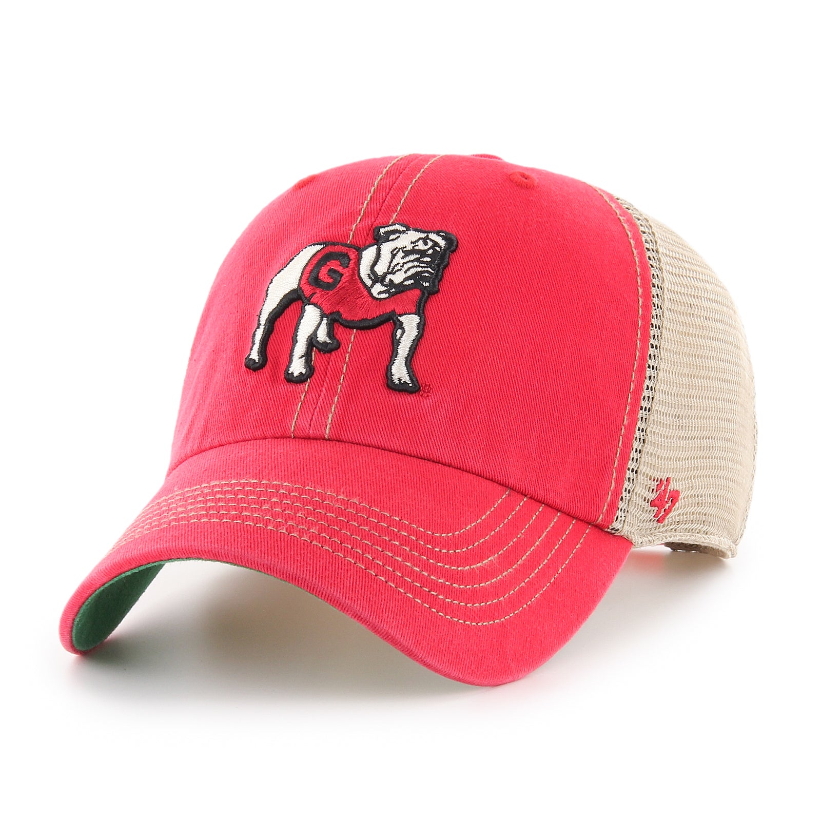Georgia Bulldogs red trucker hat with embroidered standing bulldog logo on front, beige mesh back, and curved bill.