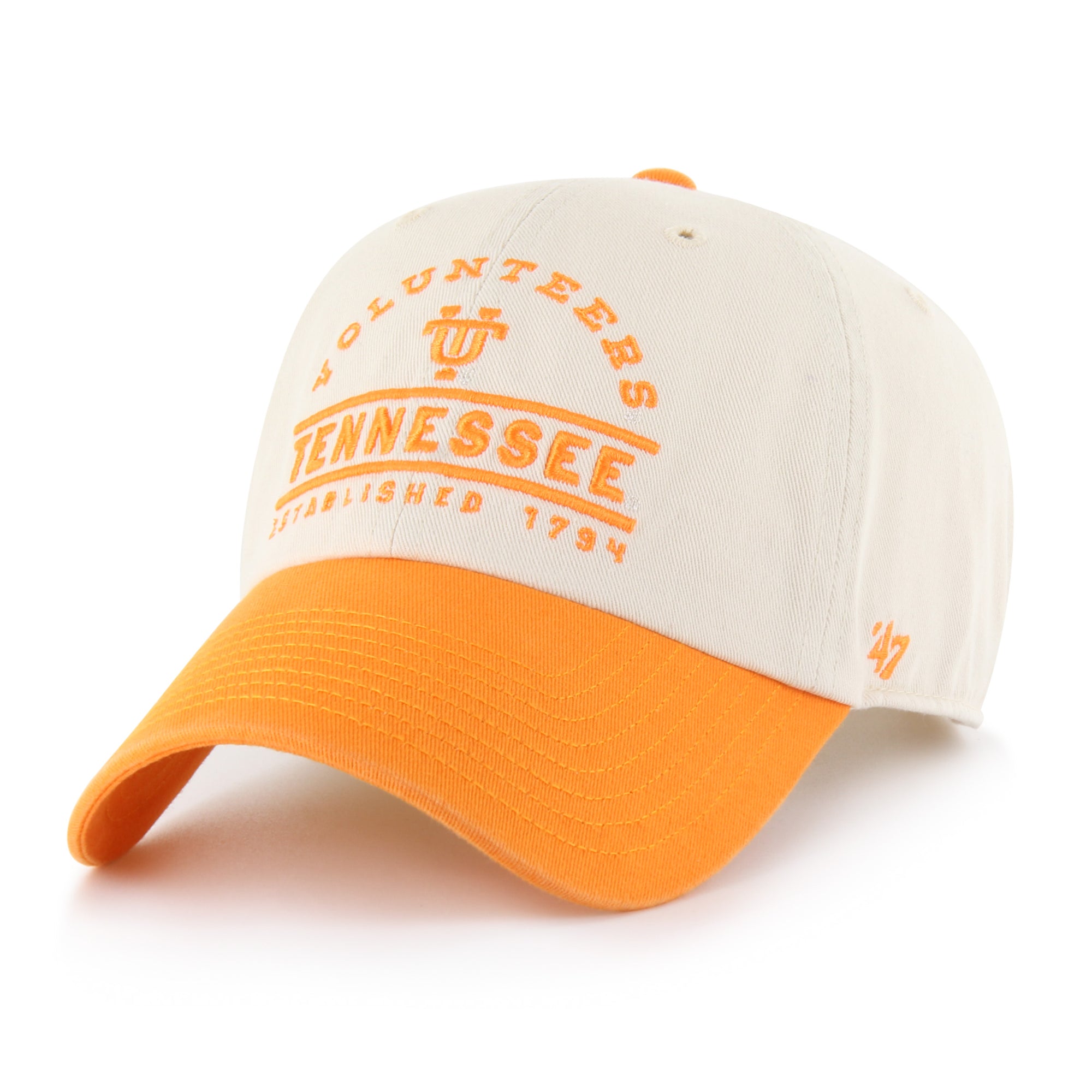 Tennessee Volunteers cream and orange hat with embroidered team graphics on front and curved bill.