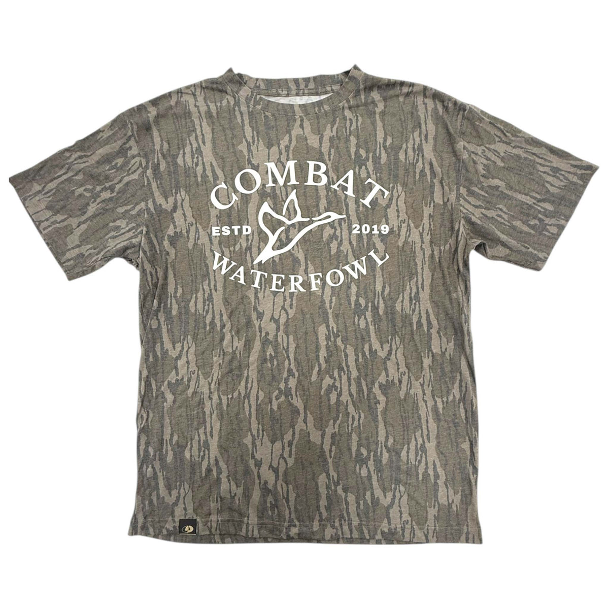 Combat Waterfowl short sleeve t-shirt in Mossy Oak camo with ivory logo graphic across the chest.