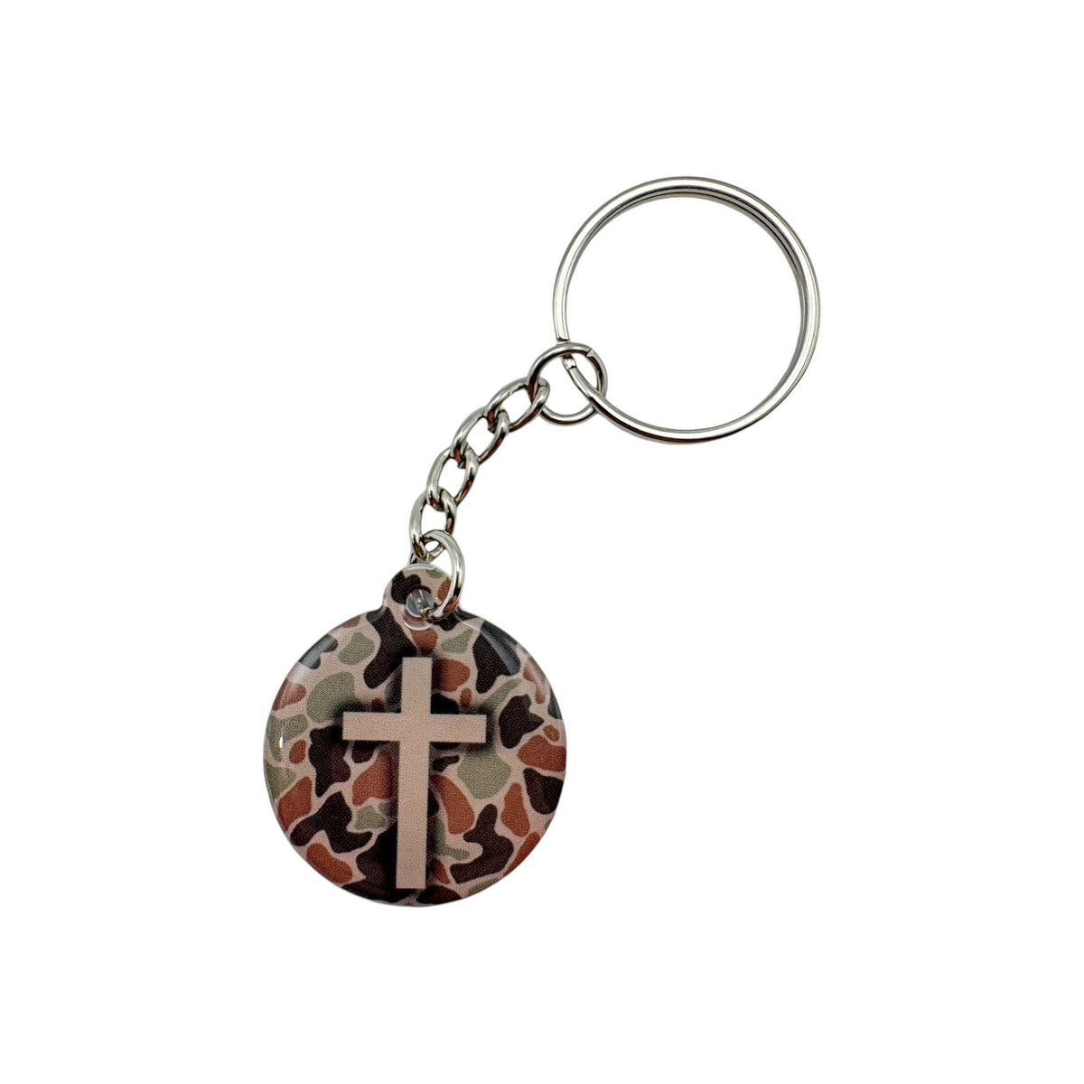 Keychain with camouflage pattern and cross design on a white background
