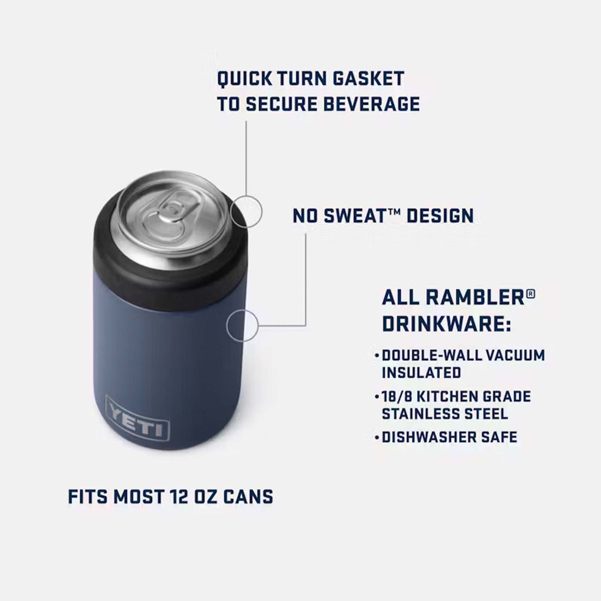 Navy YETI Colster with silver 12 oz can inside. Features quick-turn gasket, No Sweat™ design, double-wall insulation, stainless steel, and dishwasher-safe build.