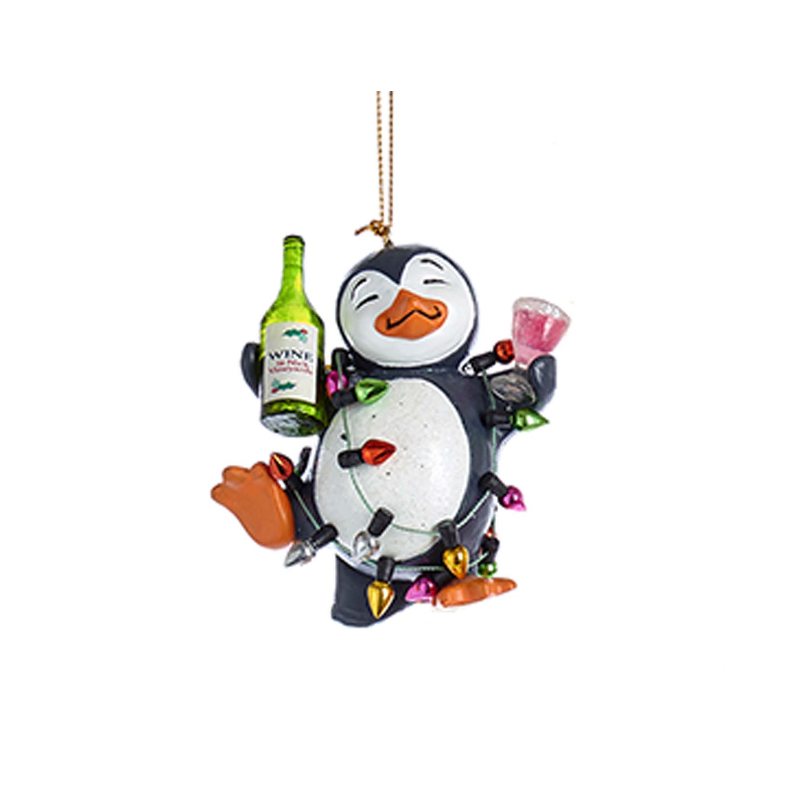 Penguin ornament wrapped in string lights, holding wine bottle and glass with festive smile.