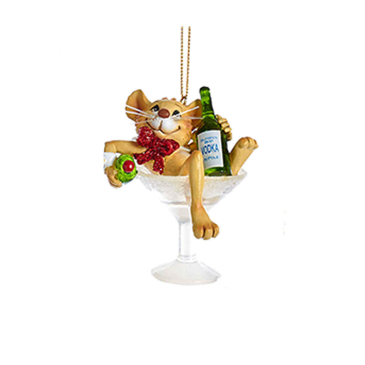Cat ornament lounging in a martini glass with vodka bottle and olive, wearing a red bow.