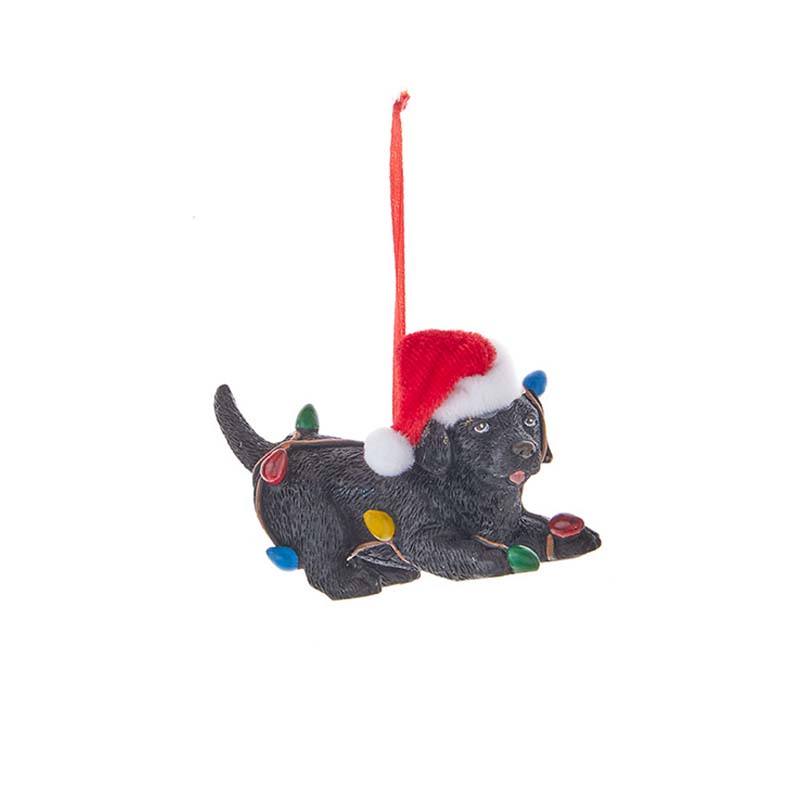 Black Lab puppy ornament Dressed in a Santa hat and playfully wrapped in festive lights