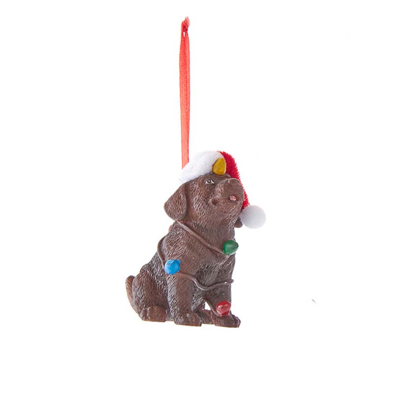 Chocolate Lab puppy ornament. Dressed in a Santa hat and playfully wrapped in festive lights