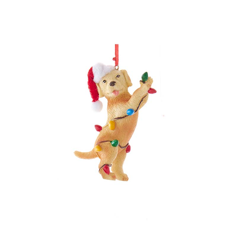 Yellow Lab puppy ornament. Dressed in a Santa hat and playfully wrapped in festive lights