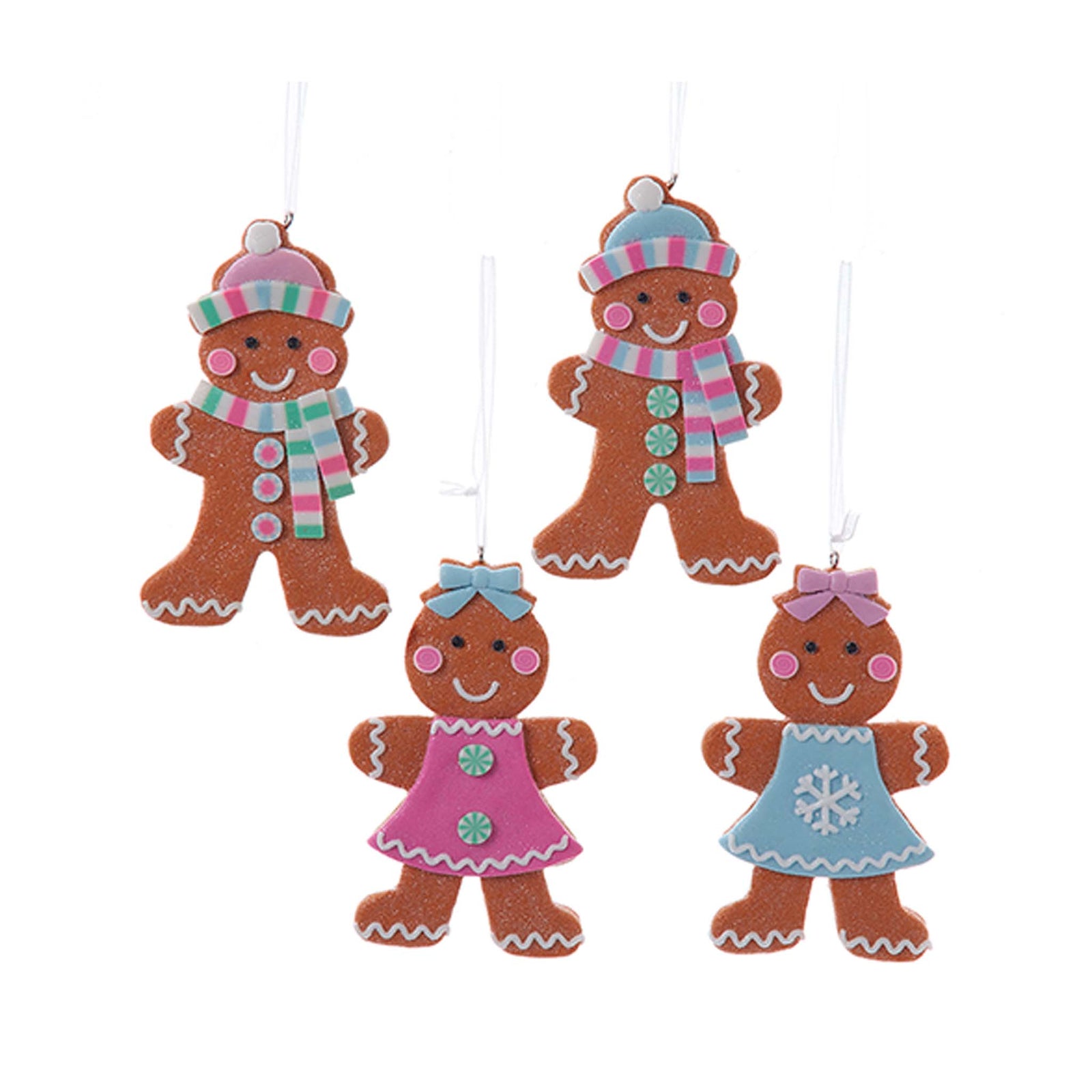 Assorted claydough gingerbread ornaments with scarves, bows, and colorful outfits for Christmas tree decoration.