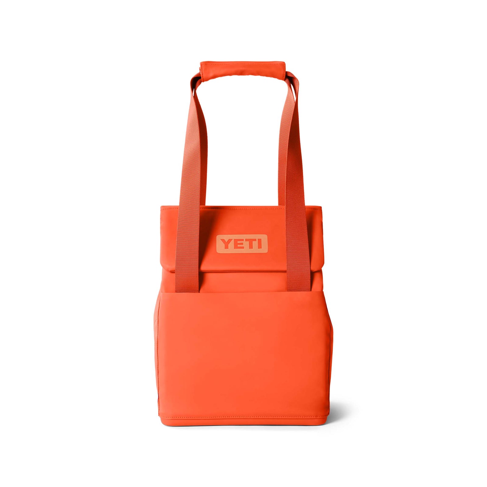 Front view of the YETI Daytrip 14L Tote Bag in Papaya with the shoulder strap extended upward.