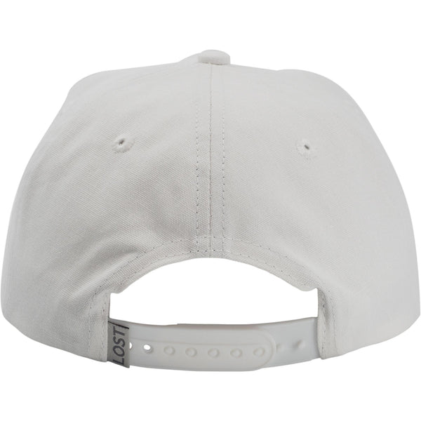  Back view of a white cap with LOST brand logo on a white background