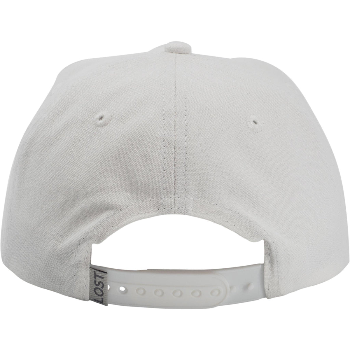 Salt | Back view of a white cap with LOST brand logo on a white background
