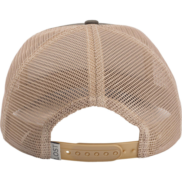  Beige mesh cap with leather brim on a white background