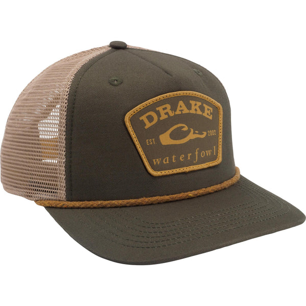  Green and brown trucker hat with Drake Waterfowl logo on a white background