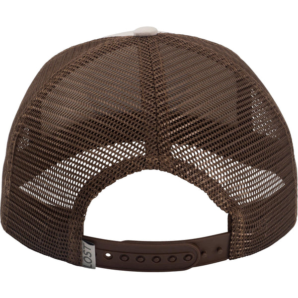  Brown mesh cap with leather brim on a white background