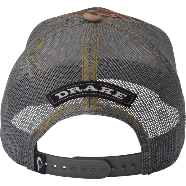 Back view of a gray mesh cap with brown accents and a Drake logo on a white background