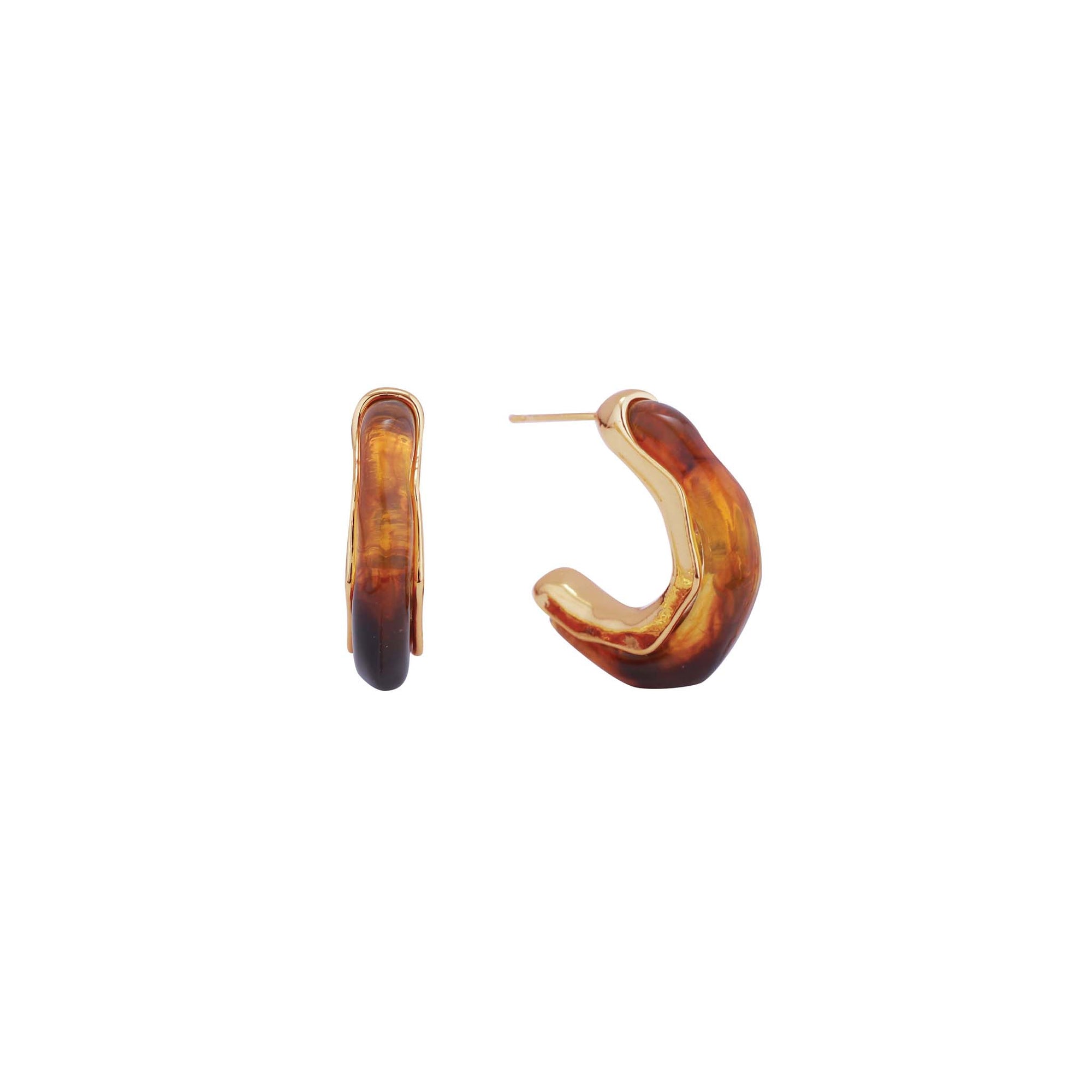 Small gold-trimmed tortoise acetate hoop earrings shown from side and front angles.