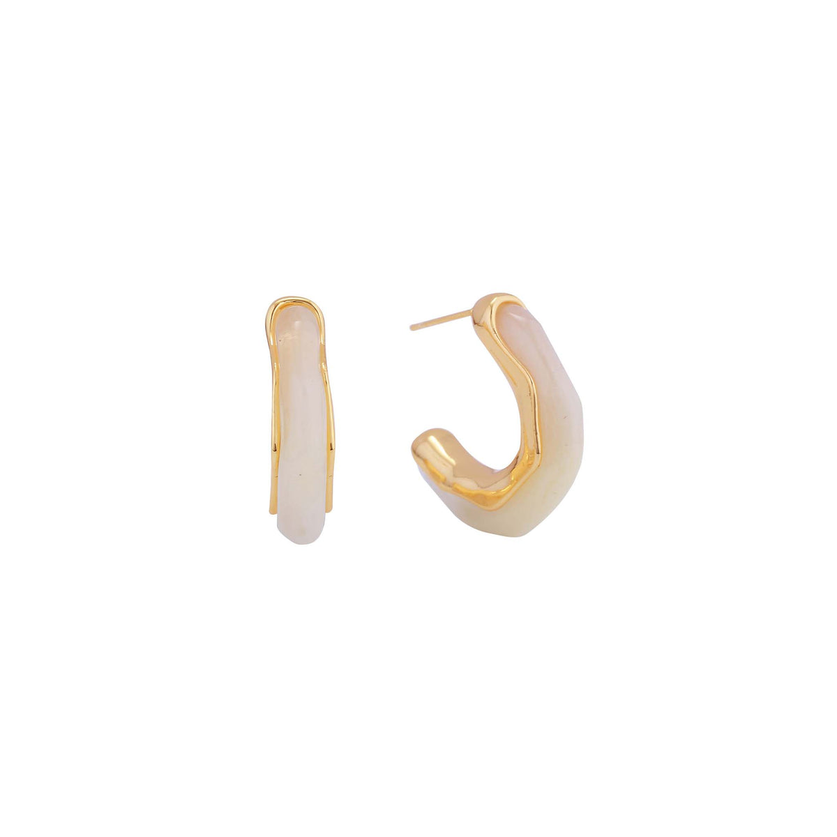 Small gold-trimmed cream acetate hoop earrings shown from side and front angles.
