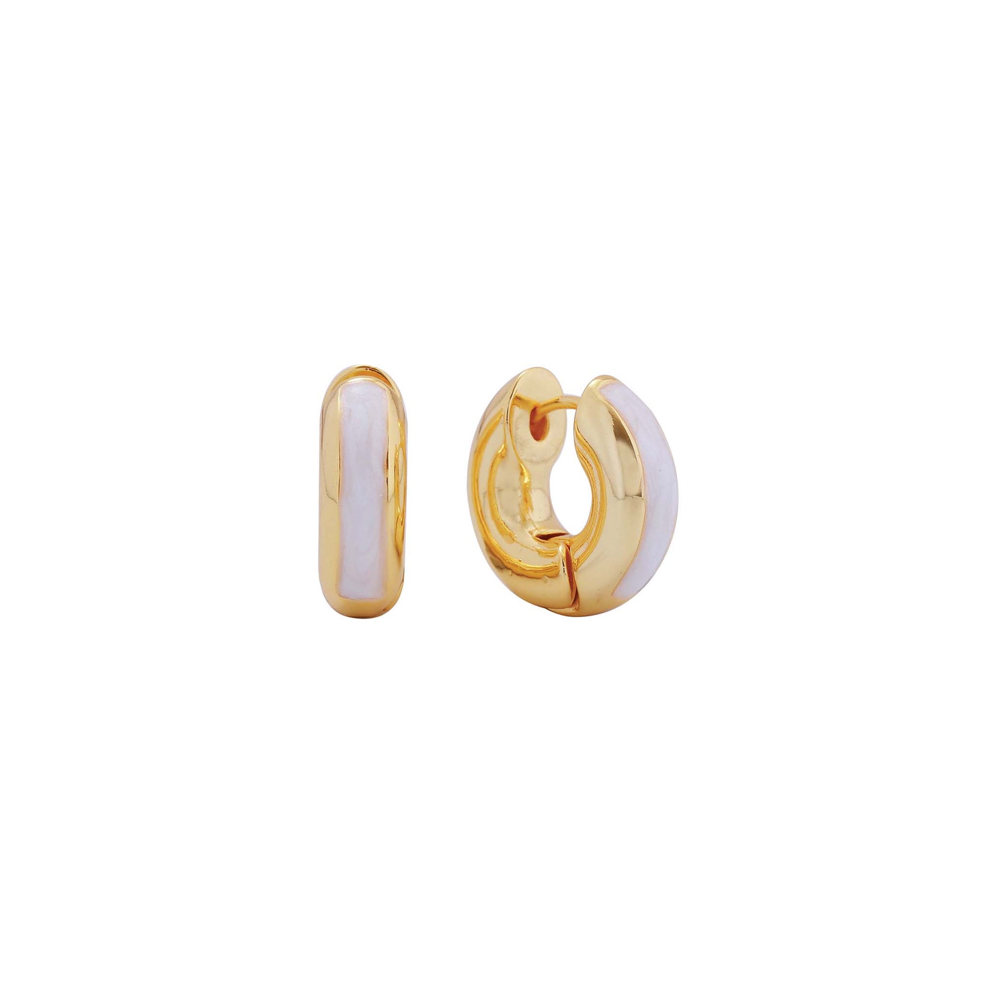 Gold-tone huggie hoop earrings with glossy white enamel center panels.