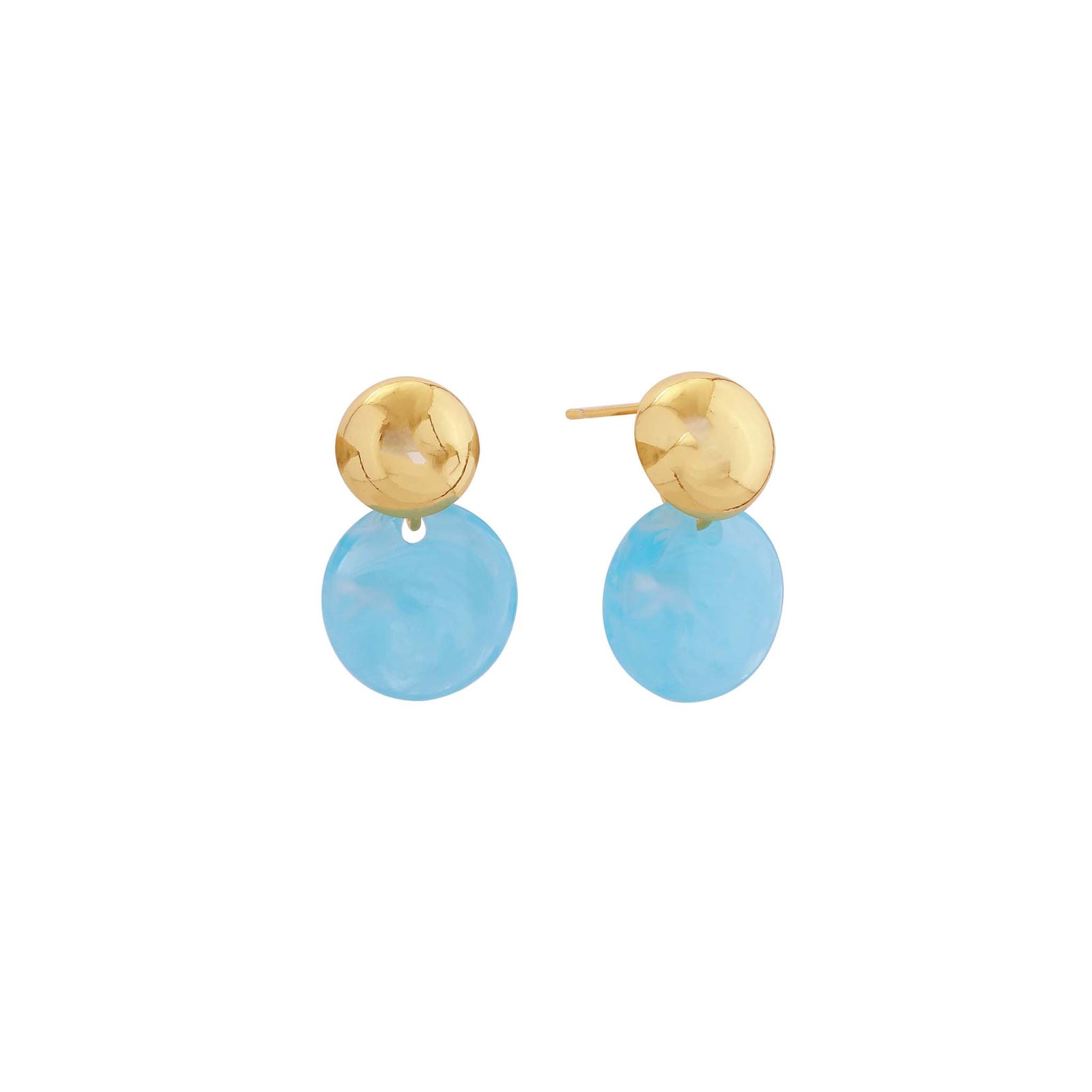 Gold-tone stud earrings with marbled light pink round disc drops hanging below each stud