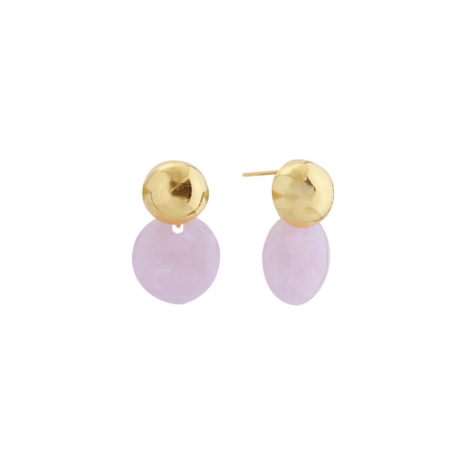 Gold-tone stud earrings with marbled light pink round disc drops hanging below each stud