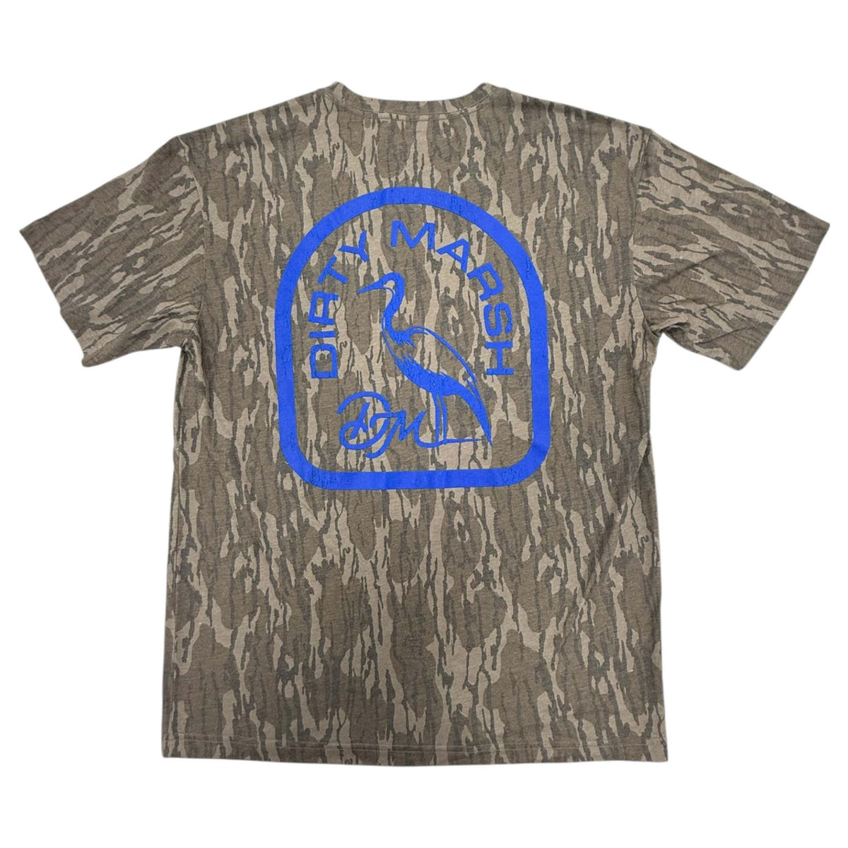 Dirty Marsh short sleeve t-shirt in Mossy Oak Bottomland camo with blue logo on chest and large blue logo graphic on back.