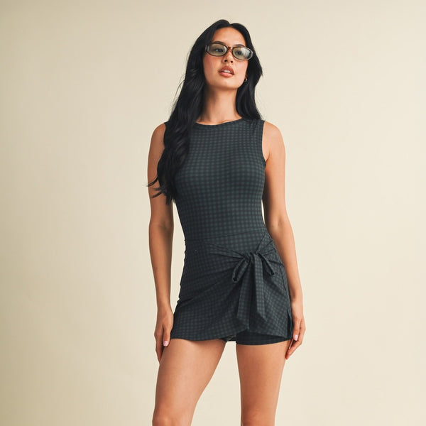 Gingham Sleeveless Wrap Dress in Dark Navy