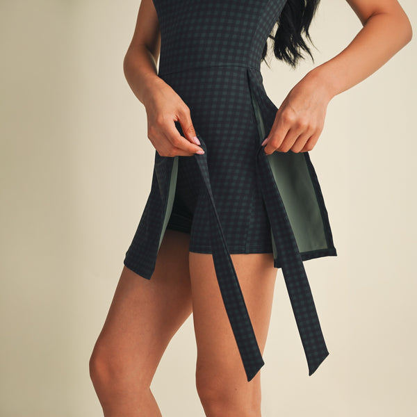 Gingham Sleeveless Wrap Dress in Dark Navy