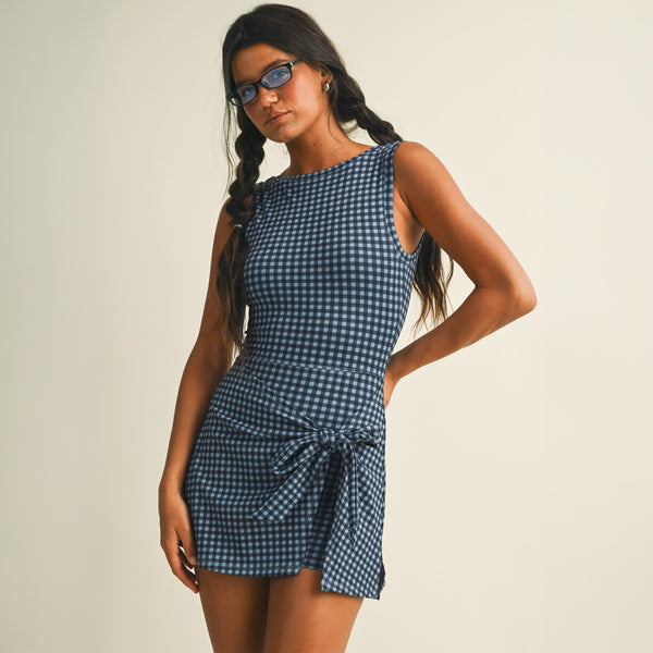 Gingham Sleeveless Wrap Dress in Dusty Blue
