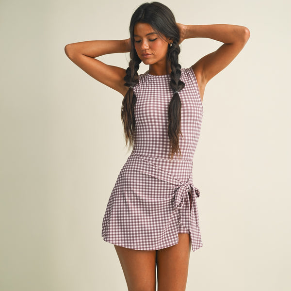 Gingham Sleeveless Wrap Dress in Mauve
