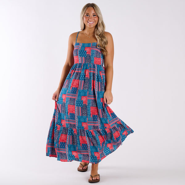 Coastal Patchwork Sleeveless Maxi Dress