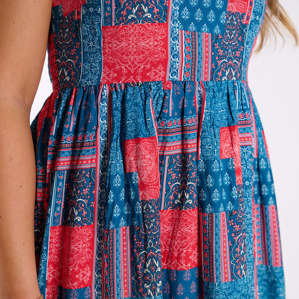 Coastal Patchwork Sleeveless Maxi Dress