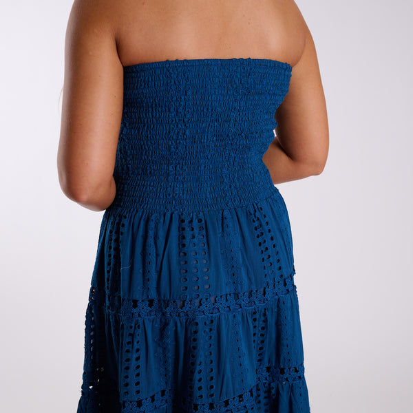Simply Southern Shirred Schiffli Strapless Maxi Dress in Ocean Blue | Palmetto Moon Simply Southern Shirred Schiffli Strapless Maxi Dress in Ocean Blue | Palmetto Moon