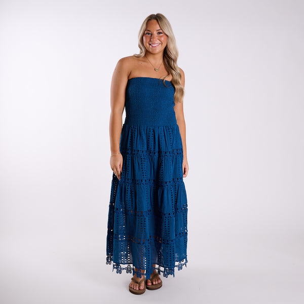 Shirred Schiffli Strapless Maxi Dress in Ocean Blue