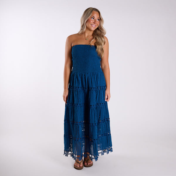 Shirred Schiffli Strapless Maxi Dress in Ocean Blue