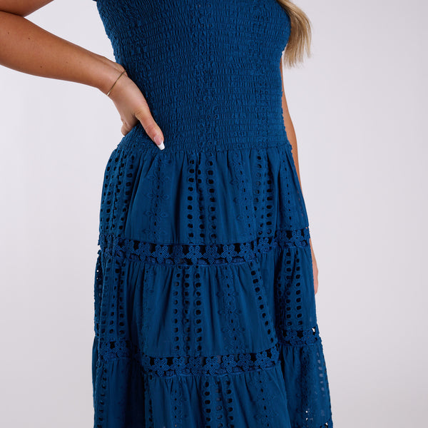 Shirred Schiffli Strapless Maxi Dress in Ocean Blue