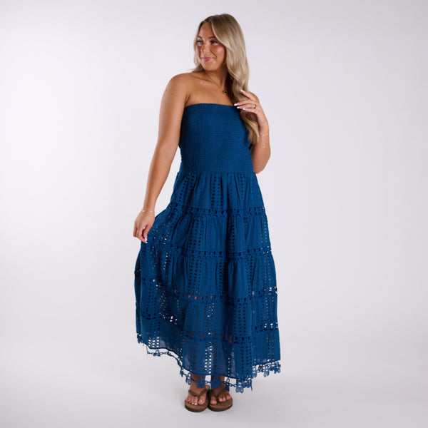 Shirred Schiffli Strapless Maxi Dress in Ocean Blue