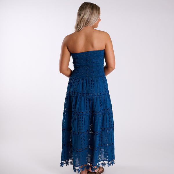 Shirred Schiffli Strapless Maxi Dress in Ocean Blue