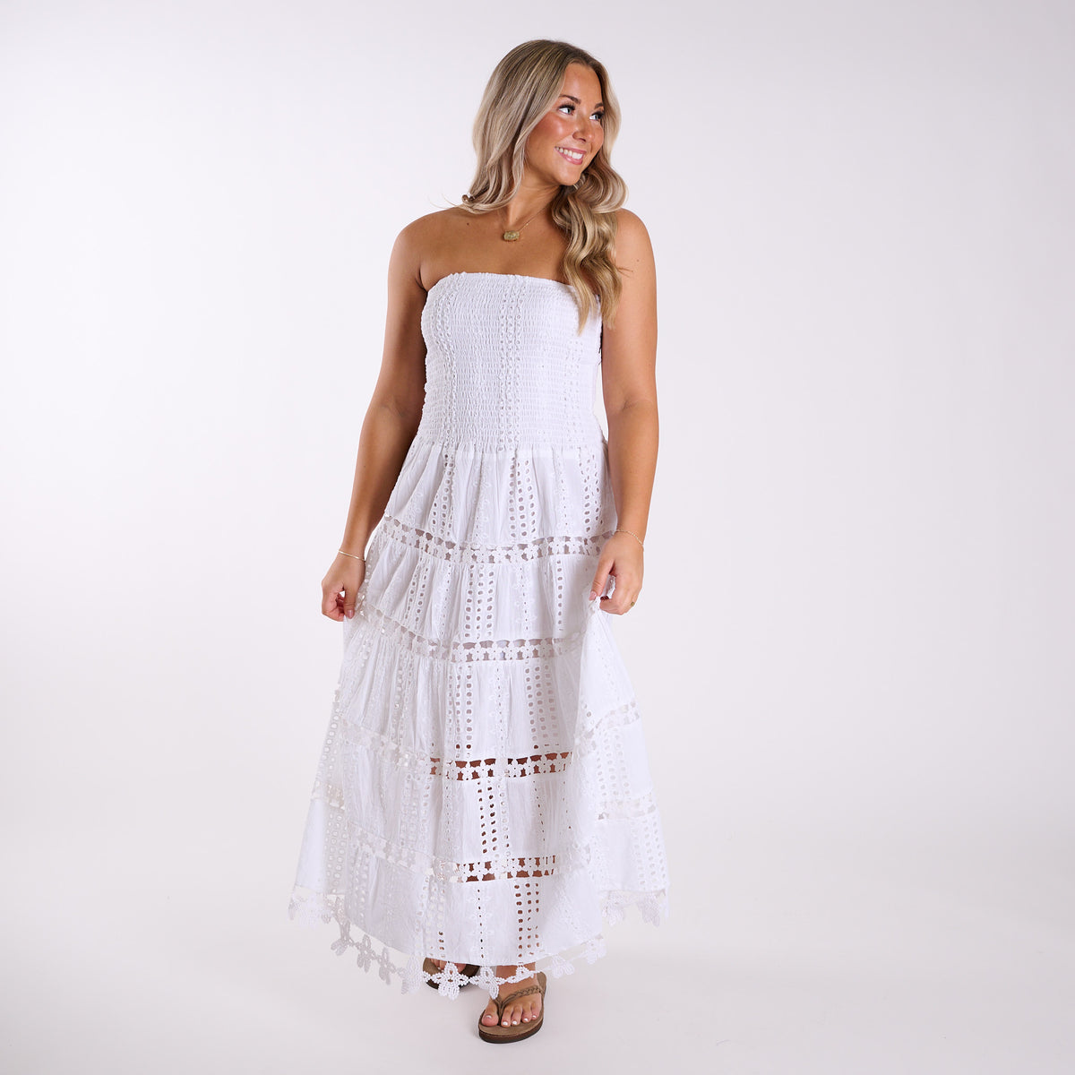 Shirred Schiffli Strapless Maxi Dress in White
