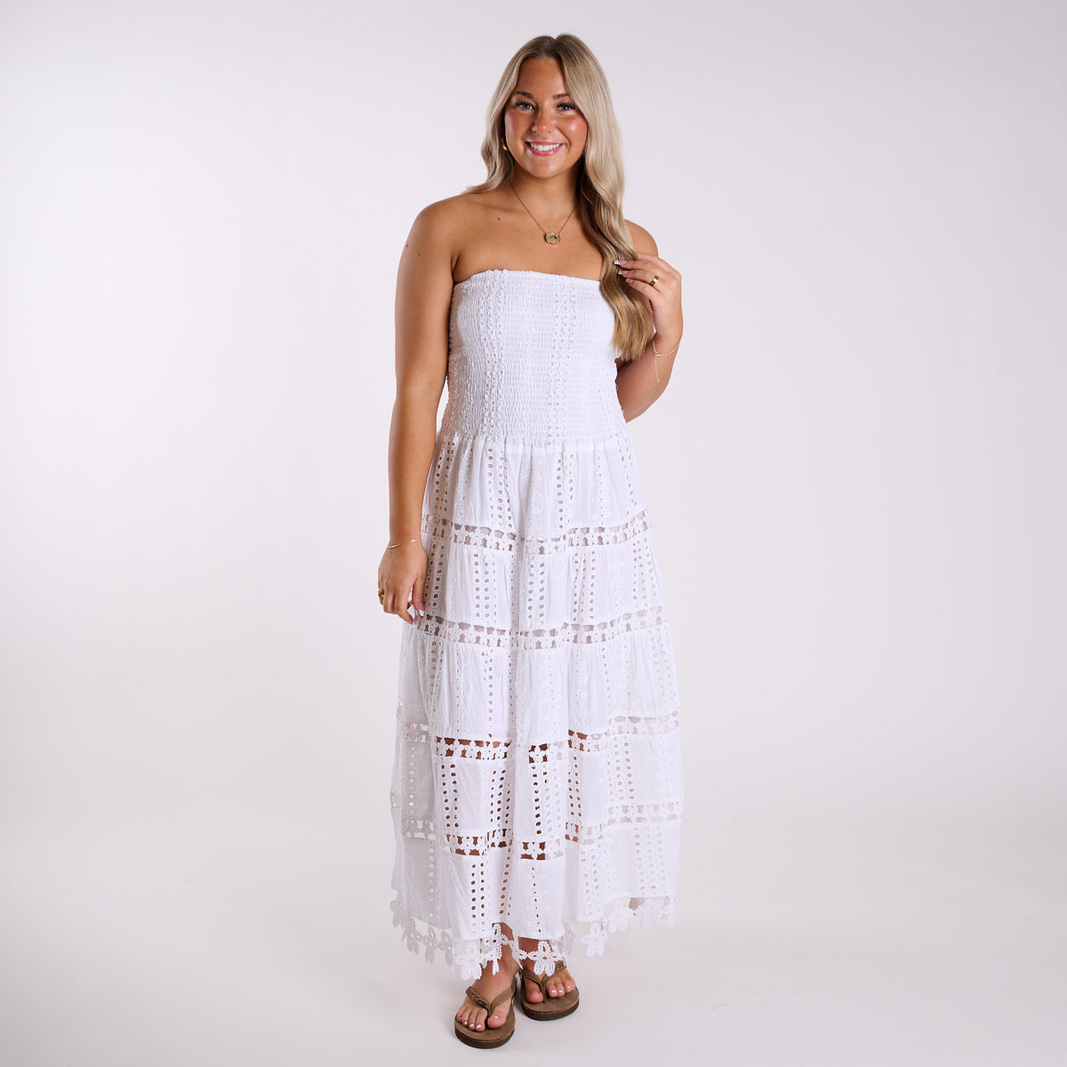 Shirred Schiffli Strapless Maxi Dress in White