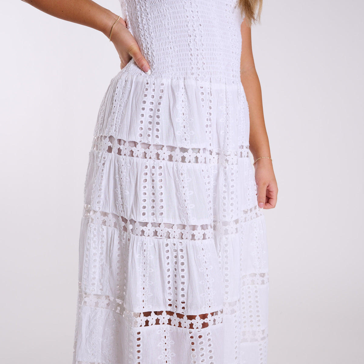 Shirred Schiffli Strapless Maxi Dress in White