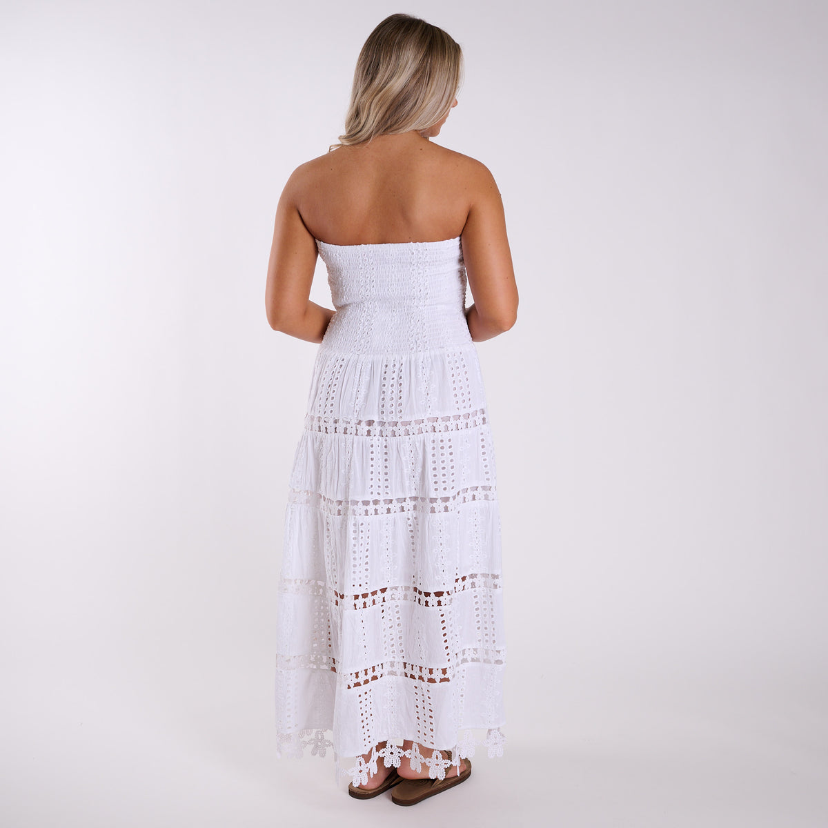 Shirred Schiffli Strapless Maxi Dress in White