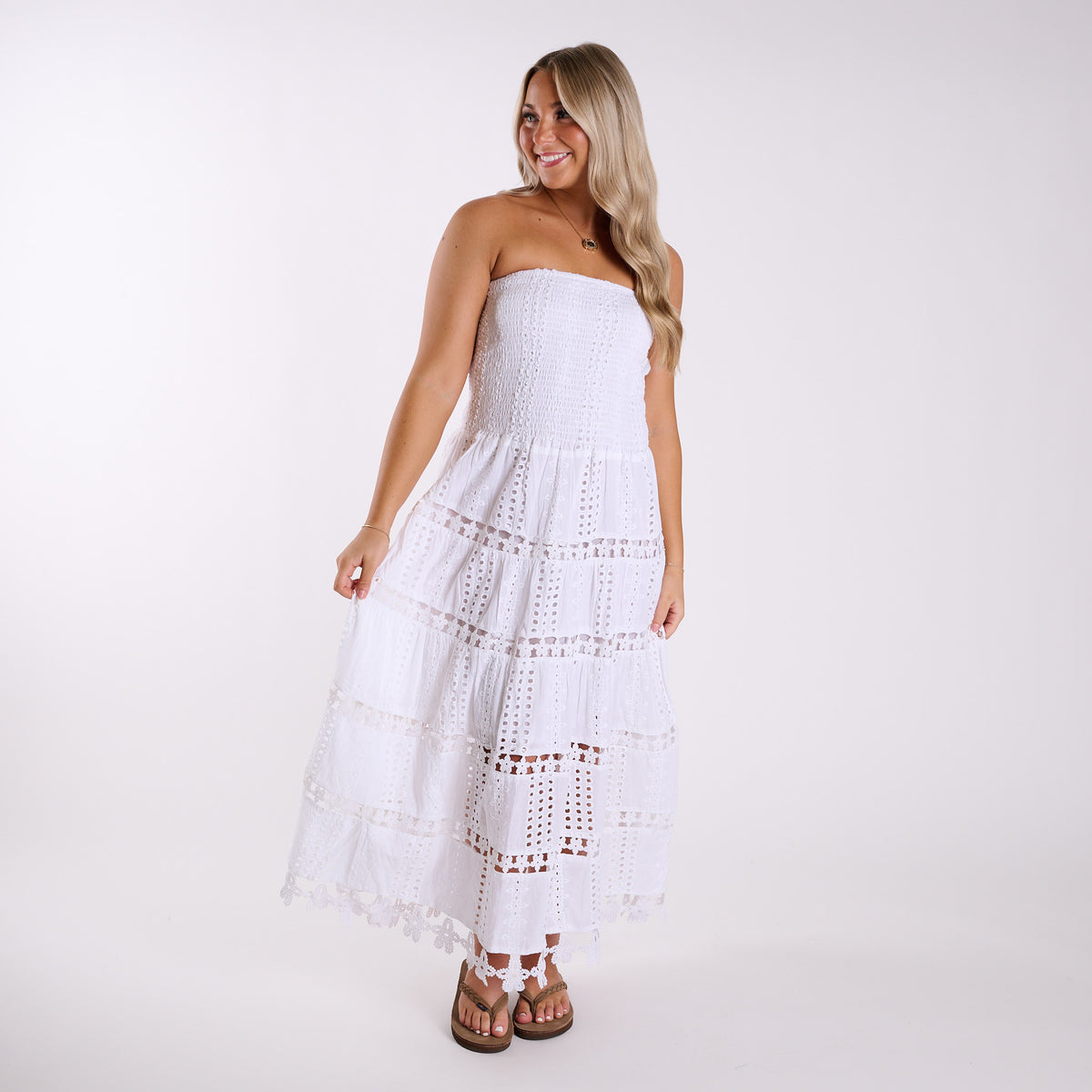 Shirred Schiffli Strapless Maxi Dress in White