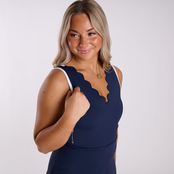 Scallop V-Neck Athletic Dress in Navy