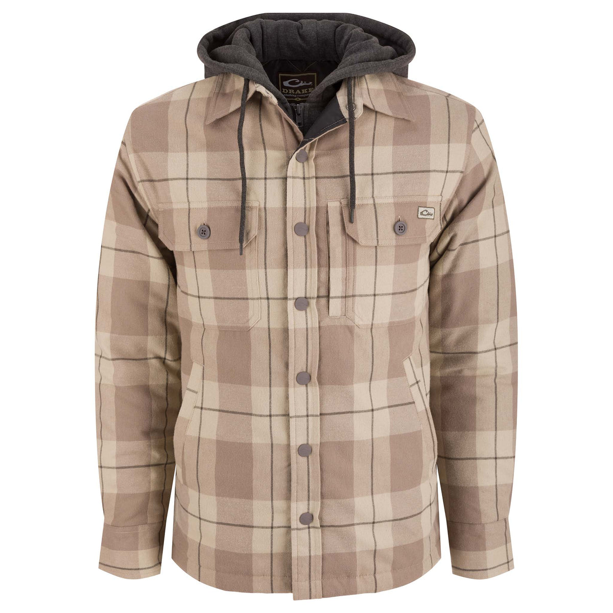 Back view of men’s almond beige plaid flannel jacket with attached charcoal hood and button cuff sleeves.