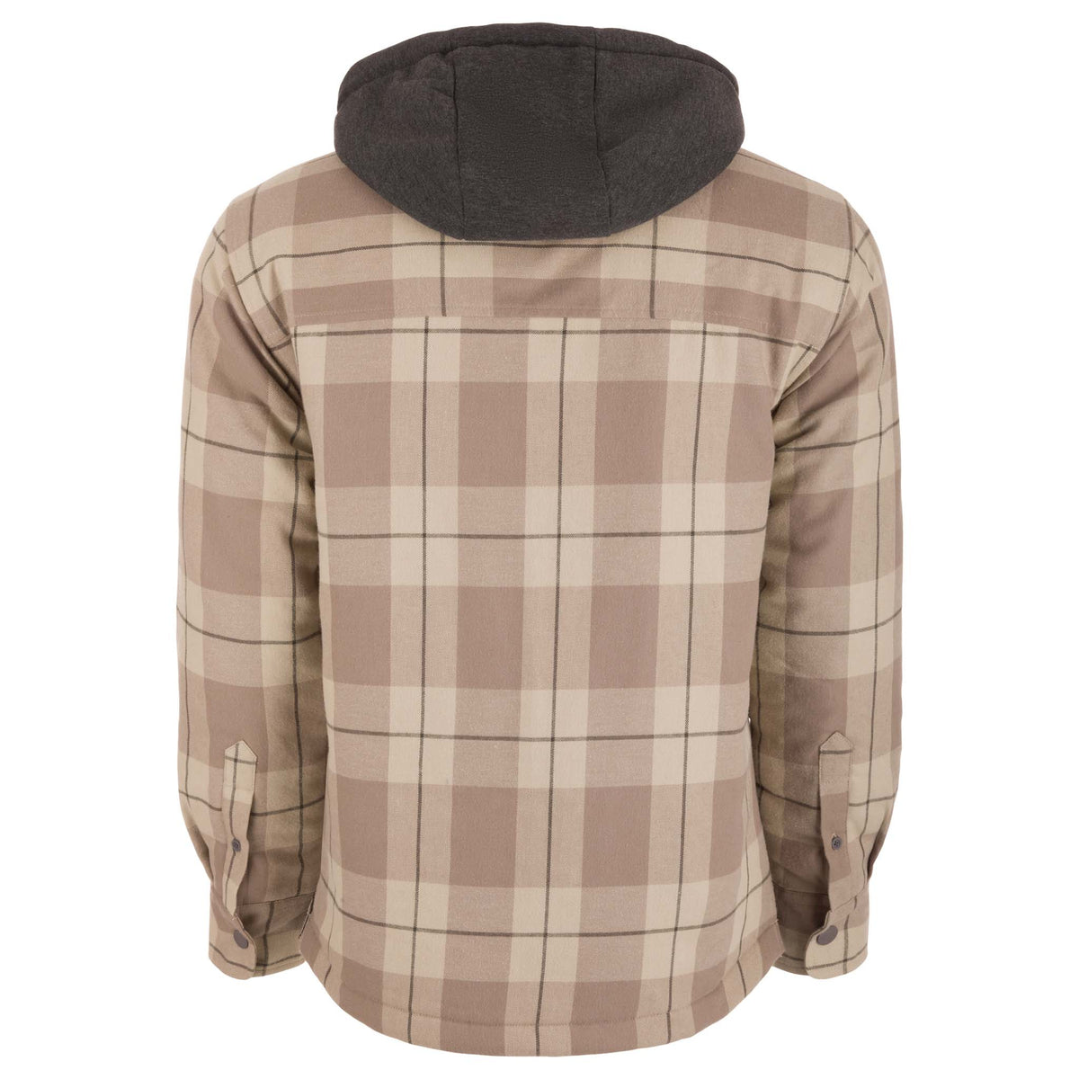Front view of men’s almond beige plaid flannel jacket with snap button front, chest pockets, side pockets, and attached charcoal hood.