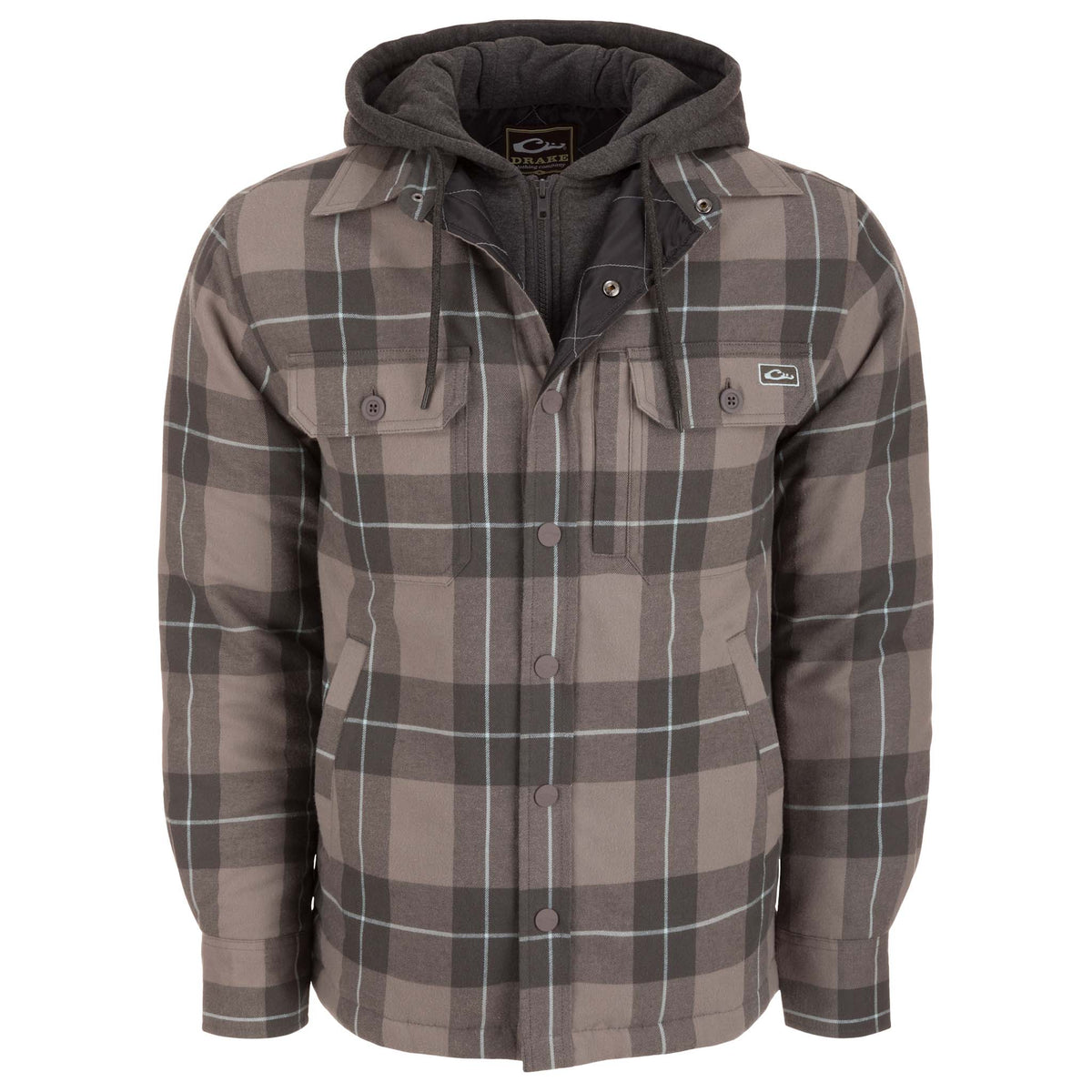 Front view of men’s pewter gray plaid flannel jacket with snap button front, chest pockets, side pockets, and attached charcoal hood.
